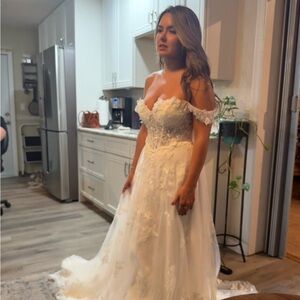 Azazie Off-Shoulder Lace Wedding Dress in White